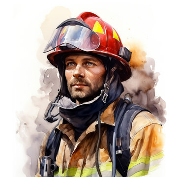 Portrait of a firefighter on a white background. Watercolor illustration.