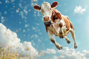 Cow Jumping in Air with Rocks and Blue Sky