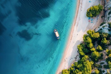 Aerial drone view of Lagoon, paradise white sand beach and tourist boat - obrazy, fototapety, plakaty