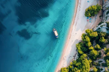 Türaufkleber Aerial drone view of Lagoon, paradise white sand beach and tourist boat © Den b+f