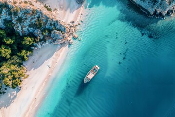 Aerial drone view of Lagoon, paradise white sand beach and tourist boat
