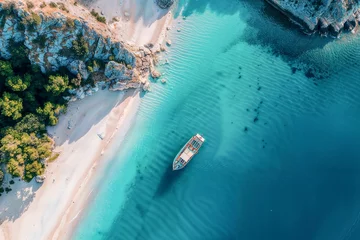 Fototapete Rund Aerial drone view of Lagoon, paradise white sand beach and tourist boat © Den b+f