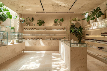 Minimalist Store Interior with Natural Wood, Plants, and Sunlight