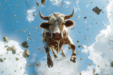 Cow Jumping in Air with Rocks and Blue Sky