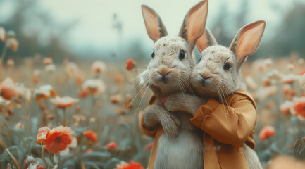 Fototapeta na wymiar Two spring rabbits in a field of flowers