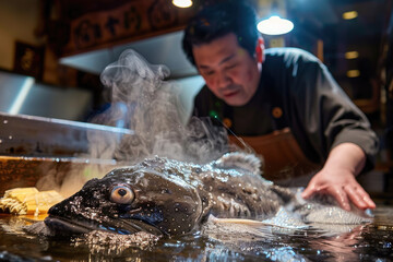 Chef Preparing Fresh Fish in Restaurant Kitchen
