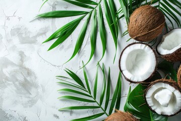 Fototapeta na wymiar open coconuts with palm leaves on white background