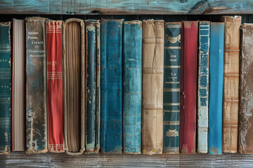 A row of old books with a blue and red cover