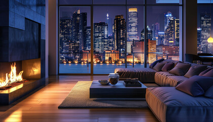 Luxury Apartment Living Room with Fireplace and City Skyline at Night