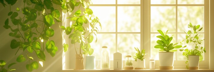 Golden sunlight filters through verdant leaves of potted plants on a sunny window ledge