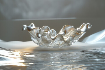 Abstract silver fluid art sculpture on water