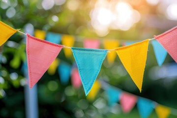 outdoor party colorful flags decoration on blurry background