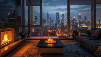 Luxury Apartment Living Room with Fireplace and City Skyline at Night