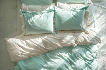 Bed with Mint Green and Beige Bedding in Sunlit Room