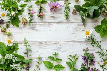 Overhead view of healing herbs and flowers with leaves lying on white wooden boardwalk vintage surface with copy space
