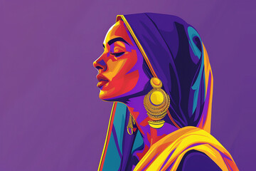 Illustration of an Indian woman in a headscarf and with gold earrings in her ears. The background is purple. simple lines, flat colors and abstract shapes.