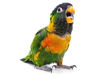 Fototapeta premium parrot sits and sing micro Isolated on solid white background