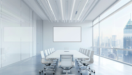 Modern Conference Room with City View and Blank Screen for Presentation