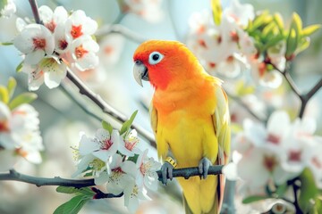 Fototapeta premium parrot sits on a branch of a flowering tree