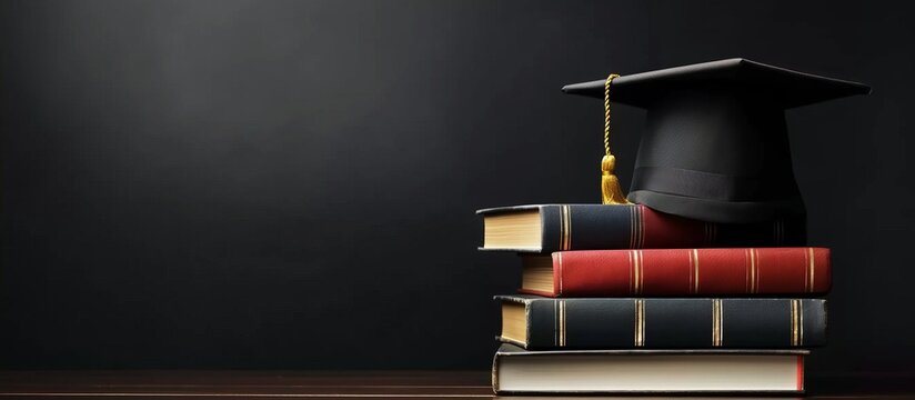 Academic Mortarboard on Stack of Books.Educational concept with copy space.Suitable for poster, banner, or invitation.