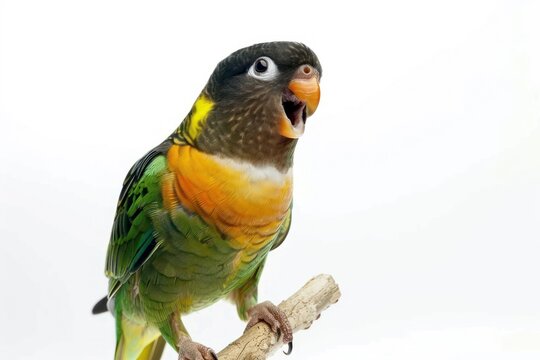 parrot sits and sing micro Isolated on solid white background