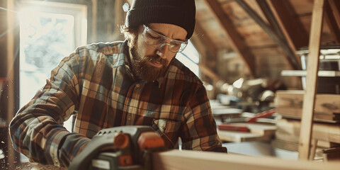 Naklejka premium A carpenter is using an electric saw to cut wood in his workshop. He wears glasses and gloves with a black beanie hat on his head