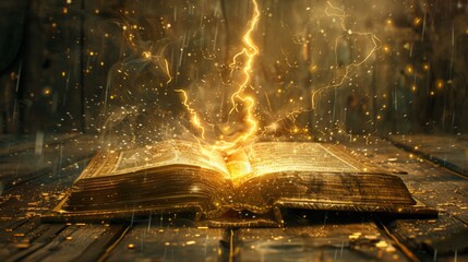 Enchanting ancient tome unveiled on wooden table amidst sparkling golden aura, crackling with magical lightning in darkened chamber - obrazy, fototapety, plakaty