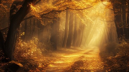 Picturesque photo of a forest: Beautiful late summer or early autumn perfect natural landscape background, defocused blurred yellow trees in the woods with wild grass and golden sun beams