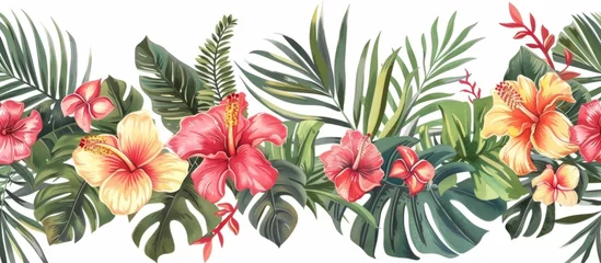 Fototapeten Tropical floral garland border Hand drawn illustration of exotic leaves and flowers in red pink green yellow colors isolated on white background Generative AI © SKIMP Art
