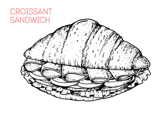 Croissant sandwich sketch. Hand drawn vector illustration.