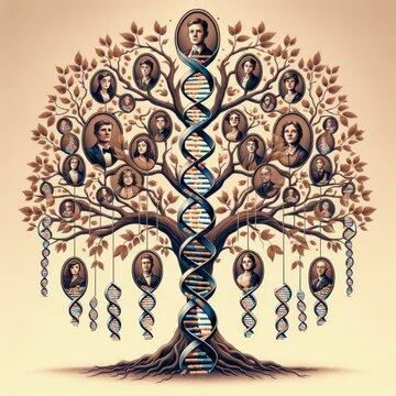 Artistic representation of a family tree intertwined with DNA strands, highlighting connections between generations