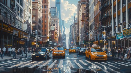 Dynamic new york city street with pedestrians, cabs, skyscrapers, and textures in afternoon light