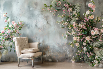 Vintage Room with Floral Arrangement, Antique Wardrobe, and Armchair