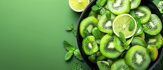   A bowl of kiwi slices surrounded by mint leaves and lime on a green background with mint