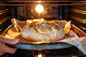 Person Taking Freshly Baked Bread Out of Oven in Home Kitchen
