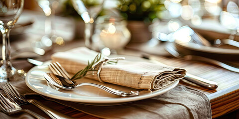 Elegant Table Setting with Linen Napkin, Silverware, and Greenery