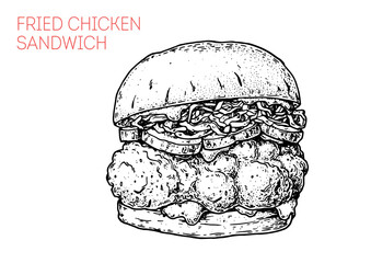 Fried chicken sandwich sketch. Hand drawn vector illustration.