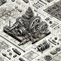 Precision and complexity define this grayscale artwork, illustrating a detailed blueprint of industrial machinery with a vintage appeal.