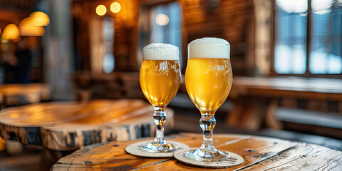 Two Glasses of Frothy Beer on a Wooden Bar Counter at Dusk