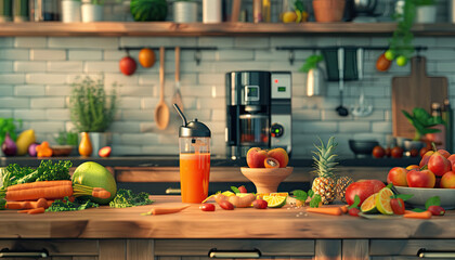 Colorful Array of Fresh Vegetables and Fruits on a Modern Kitchen Counter in Daylight