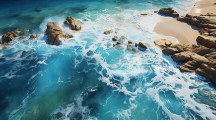 a top view drone capture photo of a picturesque marine seaside landscape: blue ocean waves and foam flowing towards beautiful sandy beach shore with rocks