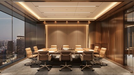 Spooky atmosphere: interior of meeting room in modern office with creepy crosses adorning walls, eerie workplace concept for halloween or horror themes, business interior design