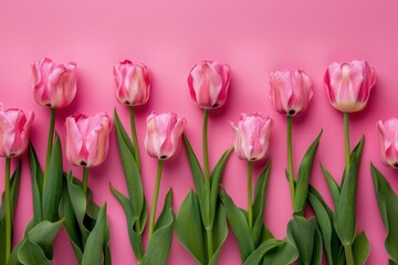 pink tulips in a row on a pink background