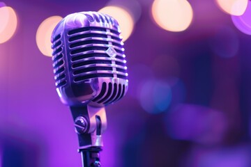 Fototapeta na wymiar Podcast concept, microphone on purple blurry background