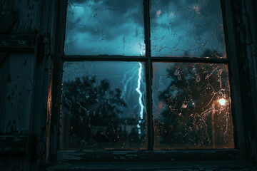 A window with a lightning bolt in the sky