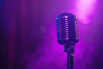 Fototapeta na wymiar Podcast concept, microphone on purple blurry background