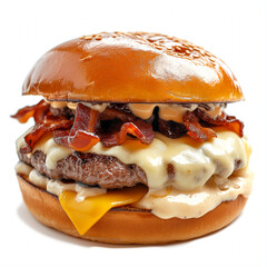 high caloric burger with lots of cheese, bacon, and a very large patty, the burger is over a solid white background