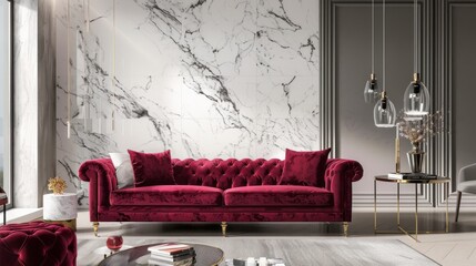 Inviting light living room interior with elegant white and marbled accent wall, luxurious premium lounge furniture including magenta maroon burgundy sofa - rich design concept for stylish home décor