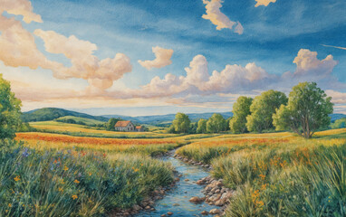 Landscape, with golden hues of a lush meadow, with a bright blue sky, and fluffy clouds, a stream meanders through a field leading to a cozy cottage nestled on the elevated hills in the distance