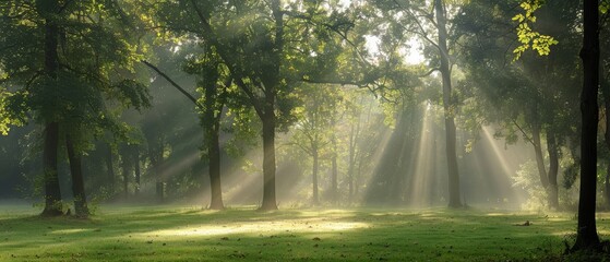   Sunlight filters through trees in a lush forest of tall, leafy trees and green grass